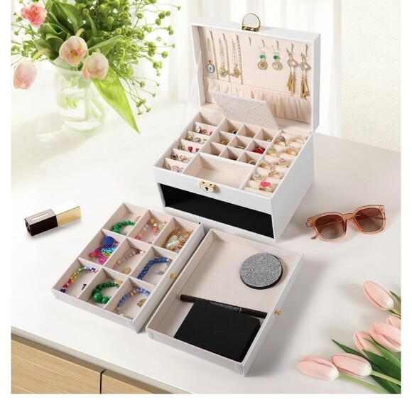 3 Layer White Jewelry Box, Jewelry Holder Organizer  , Large - Picture 3 of 14